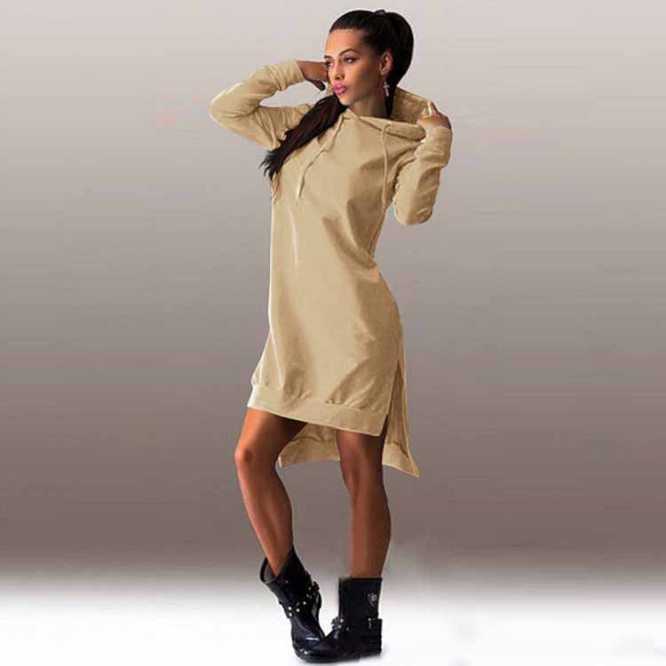 Winter Dress Cotton O-neck Long Sleeve Fashion Casual Style Irregular Solid Hooded Women's Dress hipping-Dollar Bargains Online Shopping Australia