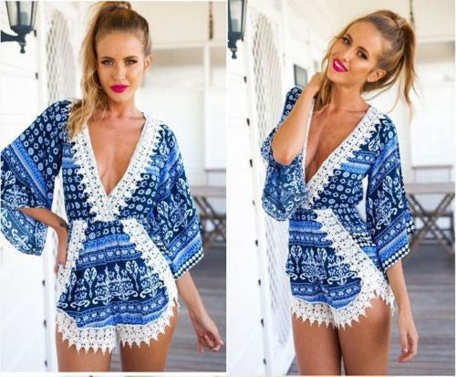 Beach Wear Fashion Lace Floral Shorts Jumpsuits Playsuit irregular crochet Sexy elegant V neck Rompers Womens female Overalls-Dollar Bargains Online Shopping Australia