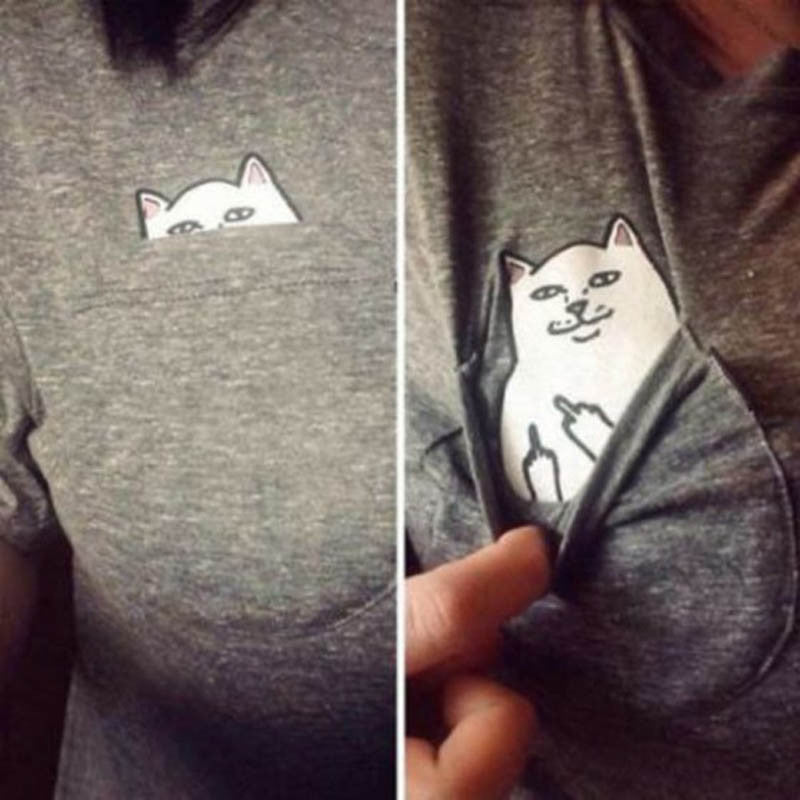 S-4XL Plus Size Women T Shirt Cat Print Pockets Short Sleeve Cotton T-shirts Women Poleras De Mujer Camisetas-Dollar Bargains Online Shopping Australia