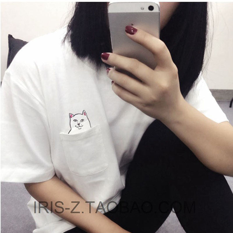 S-4XL Plus Size Women T Shirt Cat Print Pockets Short Sleeve Cotton T-shirts Women Poleras De Mujer Camisetas-Dollar Bargains Online Shopping Australia