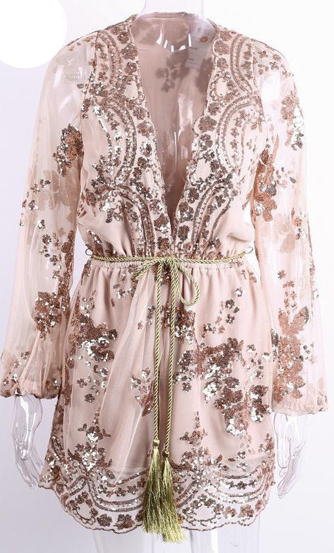 Simplee Autumn Gold sequin embroidery elegant jumpsuit romper Transparent mesh sleeve playsuit women Deep v neck overalls-Dollar Bargains Online Shopping Australia