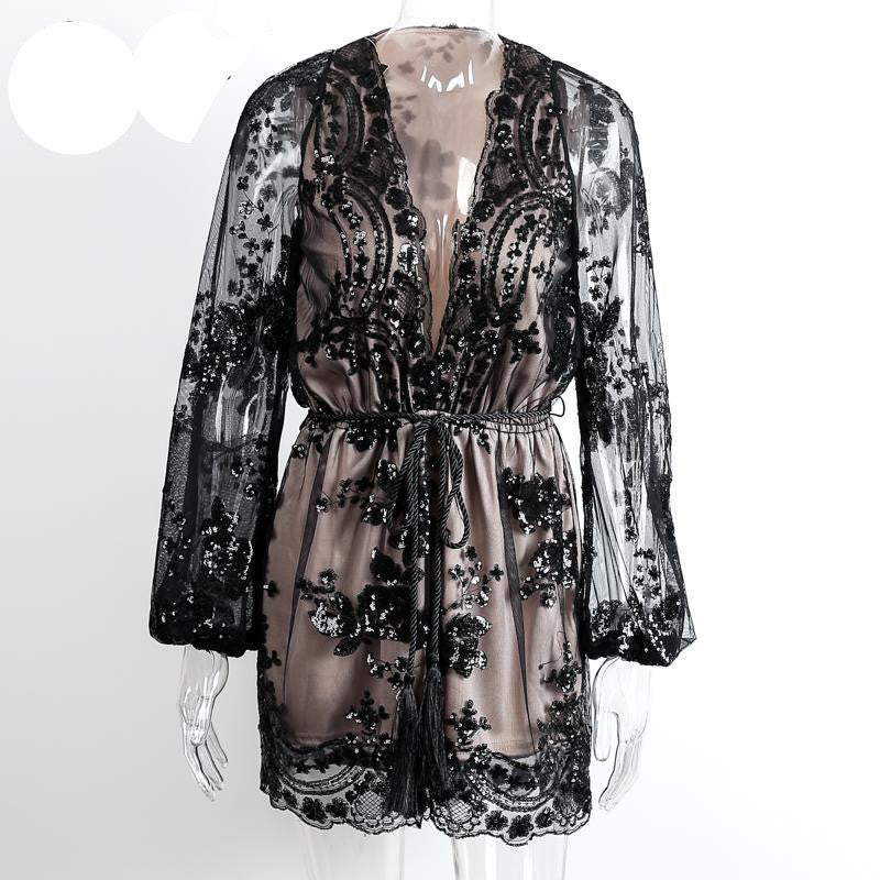 Simplee Autumn Gold sequin embroidery elegant jumpsuit romper Transparent mesh sleeve playsuit women Deep v neck overalls-Dollar Bargains Online Shopping Australia