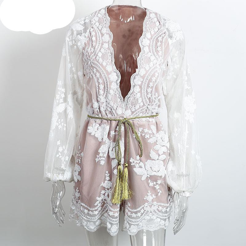 Simplee Autumn Gold sequin embroidery elegant jumpsuit romper Transparent mesh sleeve playsuit women Deep v neck overalls-Dollar Bargains Online Shopping Australia