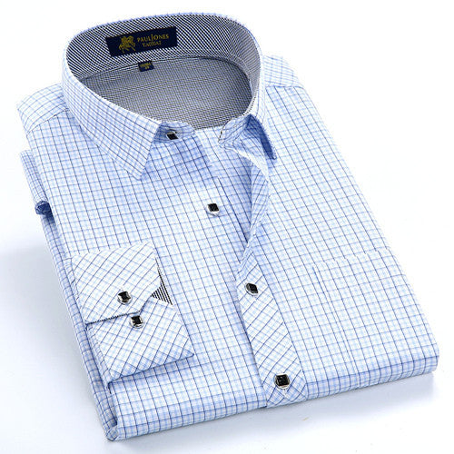 Autumn Men's Long Sleeve Small Plaid Pattern Dress Shirt Fine Thin Cotton Blend Fabric Regular Fit Business Formal Shirts - CelebritystyleFashion.com.au online clothing shop australia