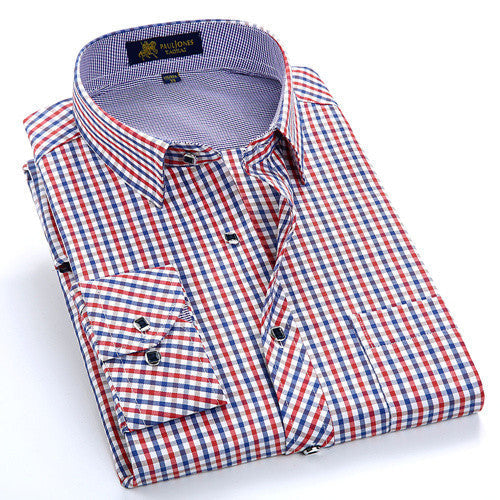 Autumn Men's Long Sleeve Small Plaid Pattern Dress Shirt Fine Thin Cotton Blend Fabric Regular Fit Business Formal Shirts - CelebritystyleFashion.com.au online clothing shop australia