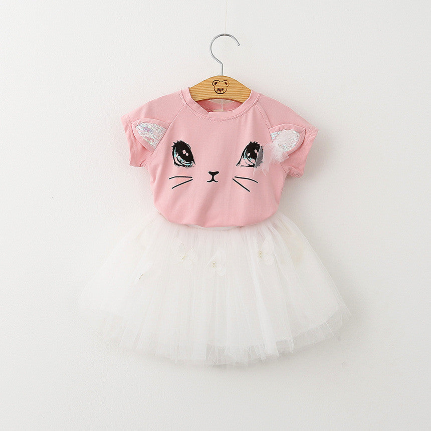 Girls Clothing Sets New Summer Fashion Style Cartoon Kitten Printed T-Shirts+Net Veil Dress 2Pcs Girls Clothes Sets - CelebritystyleFashion.com.au online clothing shop australia