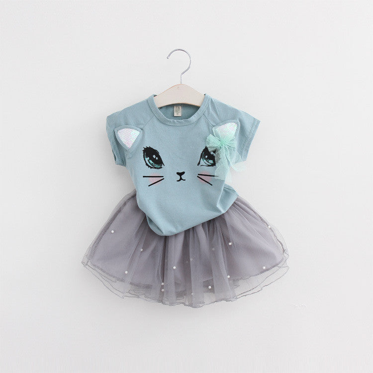 Girls Clothing Sets New Summer Fashion Style Cartoon Kitten Printed T-Shirts+Net Veil Dress 2Pcs Girls Clothes Sets - CelebritystyleFashion.com.au online clothing shop australia
