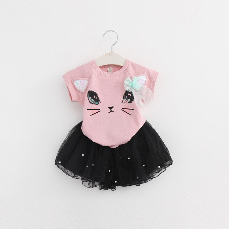 Girls Clothing Sets New Summer Fashion Style Cartoon Kitten Printed T-Shirts+Net Veil Dress 2Pcs Girls Clothes Sets - CelebritystyleFashion.com.au online clothing shop australia