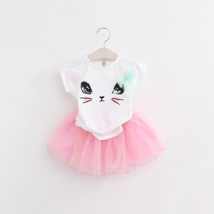 Girls Clothing Sets New Summer Fashion Style Cartoon Kitten Printed T-Shirts+Net Veil Dress 2Pcs Girls Clothes Sets - CelebritystyleFashion.com.au online clothing shop australia