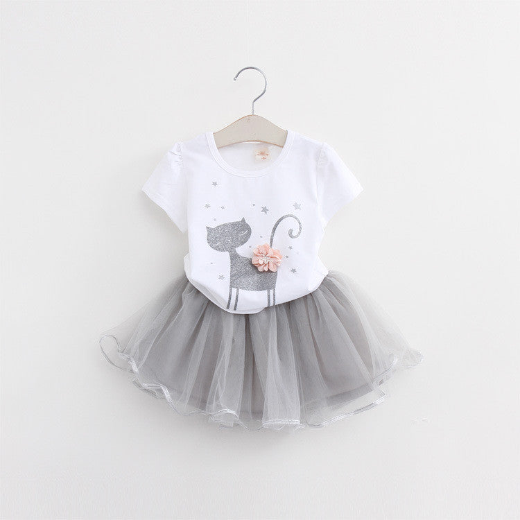 Girls Clothing Sets New Summer Fashion Style Cartoon Kitten Printed T-Shirts+Net Veil Dress 2Pcs Girls Clothes Sets - CelebritystyleFashion.com.au online clothing shop australia