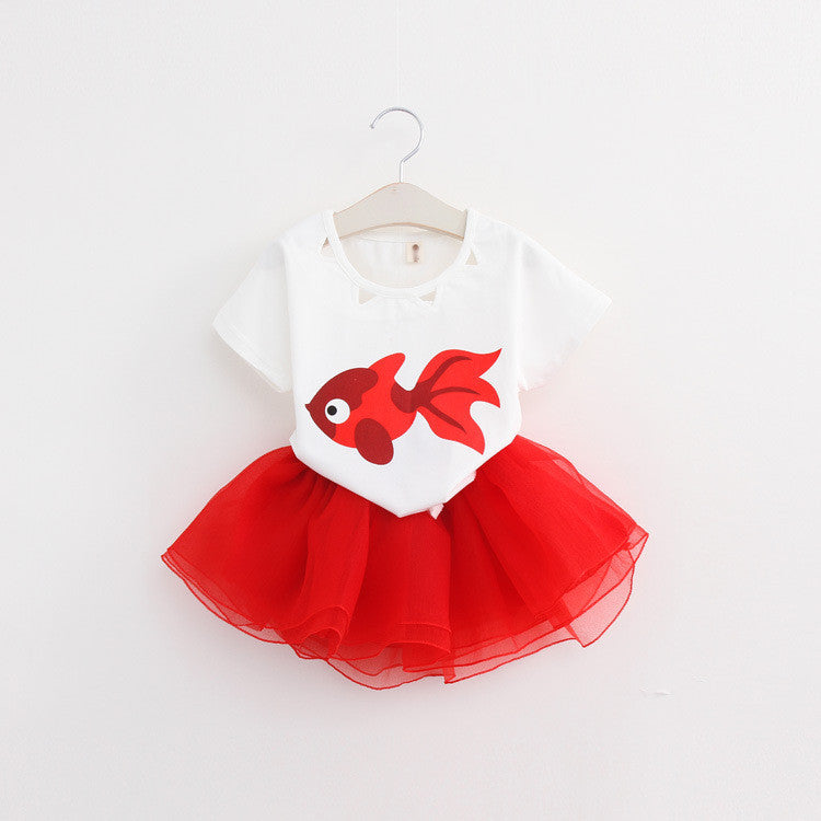 Girls Clothing Sets New Summer Fashion Style Cartoon Kitten Printed T-Shirts+Net Veil Dress 2Pcs Girls Clothes Sets - CelebritystyleFashion.com.au online clothing shop australia