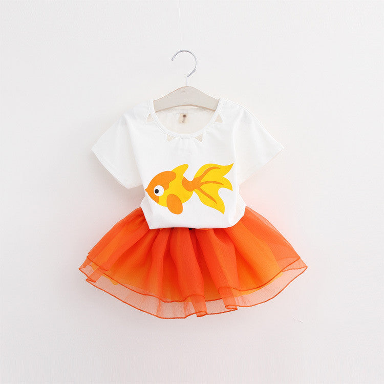 Girls Clothing Sets New Summer Fashion Style Cartoon Kitten Printed T-Shirts+Net Veil Dress 2Pcs Girls Clothes Sets - CelebritystyleFashion.com.au online clothing shop australia