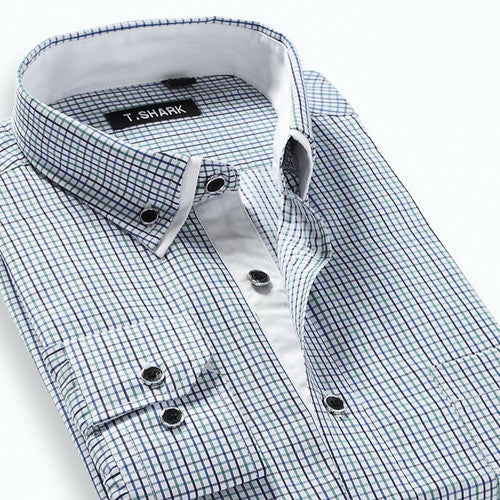 Autumn Men's Long-sleeved Plaid Striped Dress Shirts Double-collar Regular Fit Business Casual Button-down Shirt Work Wear - CelebritystyleFashion.com.au online clothing shop australia