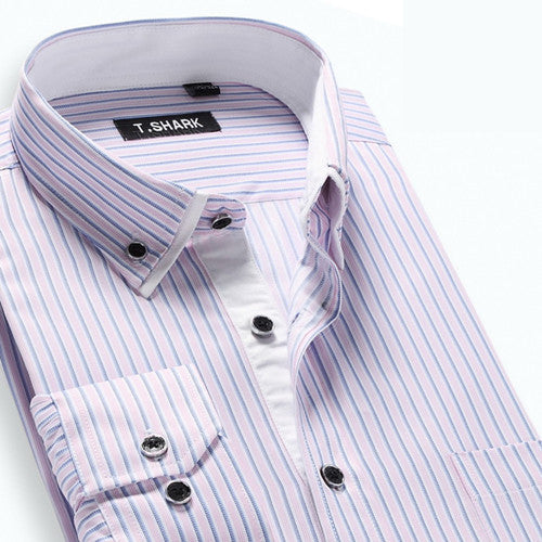 Autumn Men's Long-sleeved Plaid Striped Dress Shirts Double-collar Regular Fit Business Casual Button-down Shirt Work Wear - CelebritystyleFashion.com.au online clothing shop australia