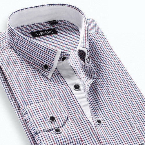 Autumn Men's Long-sleeved Plaid Striped Dress Shirts Double-collar Regular Fit Business Casual Button-down Shirt Work Wear - CelebritystyleFashion.com.au online clothing shop australia