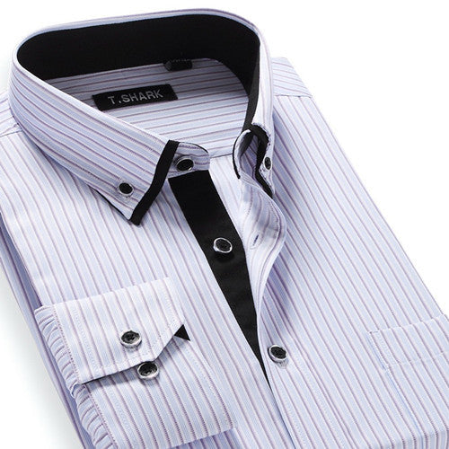 Autumn Men's Long-sleeved Plaid Striped Dress Shirts Double-collar Regular Fit Business Casual Button-down Shirt Work Wear - CelebritystyleFashion.com.au online clothing shop australia