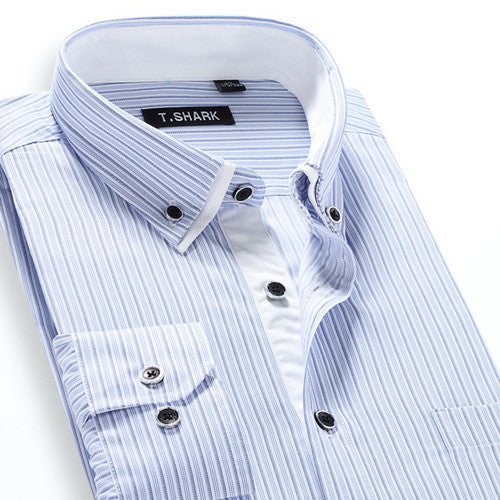 Autumn Men's Long-sleeved Plaid Striped Dress Shirts Double-collar Regular Fit Business Casual Button-down Shirt Work Wear - CelebritystyleFashion.com.au online clothing shop australia