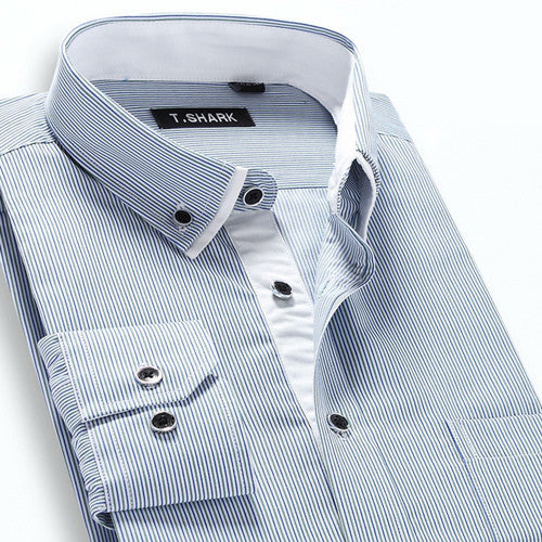 Autumn Men's Long-sleeved Plaid Striped Dress Shirts Double-collar Regular Fit Business Casual Button-down Shirt Work Wear - CelebritystyleFashion.com.au online clothing shop australia