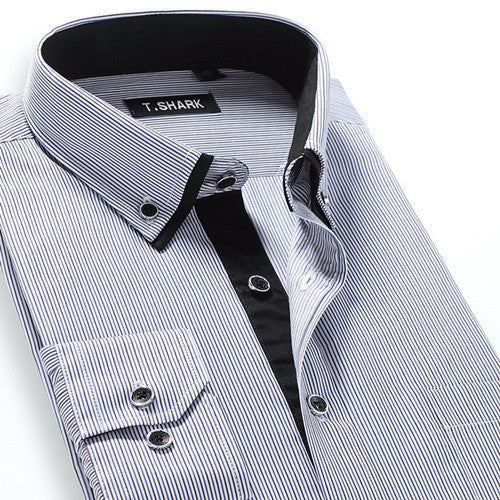 Autumn Men's Long-sleeved Plaid Striped Dress Shirts Double-collar Regular Fit Business Casual Button-down Shirt Work Wear - CelebritystyleFashion.com.au online clothing shop australia