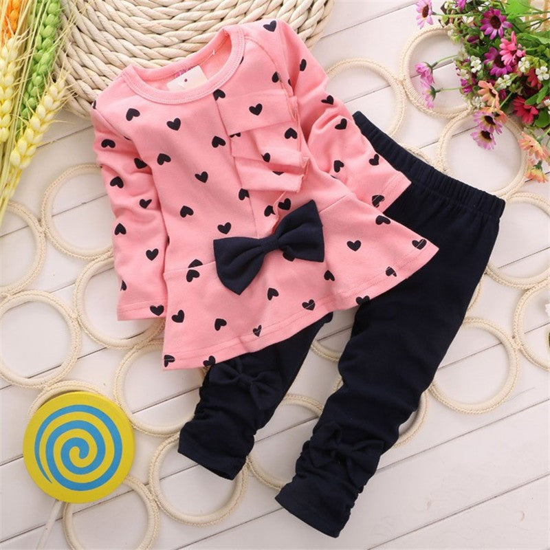 Children Baby Girl Heart-shaped Bow t shirt+pants 2PCS Clothes Set Suit Top Sweater clothing set - CelebritystyleFashion.com.au online clothing shop australia