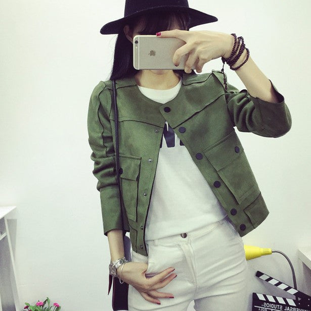 Retro Military Green Jacket Fashion Casual Suede Outerwear Coats Women Jaqueta Feminina-Dollar Bargains Online Shopping Australia