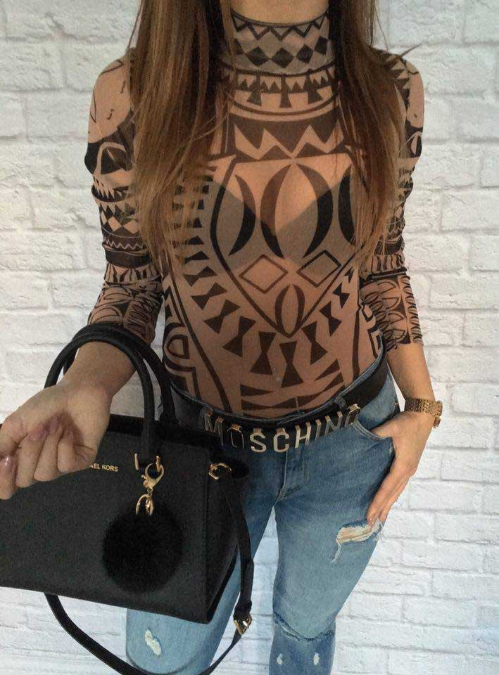 Sexy Elegant Women Totem Printed Jumpsuits Romper Long Sleeve Slim Perspective Bodysuit Overalls Playsuit-Dollar Bargains Online Shopping Australia