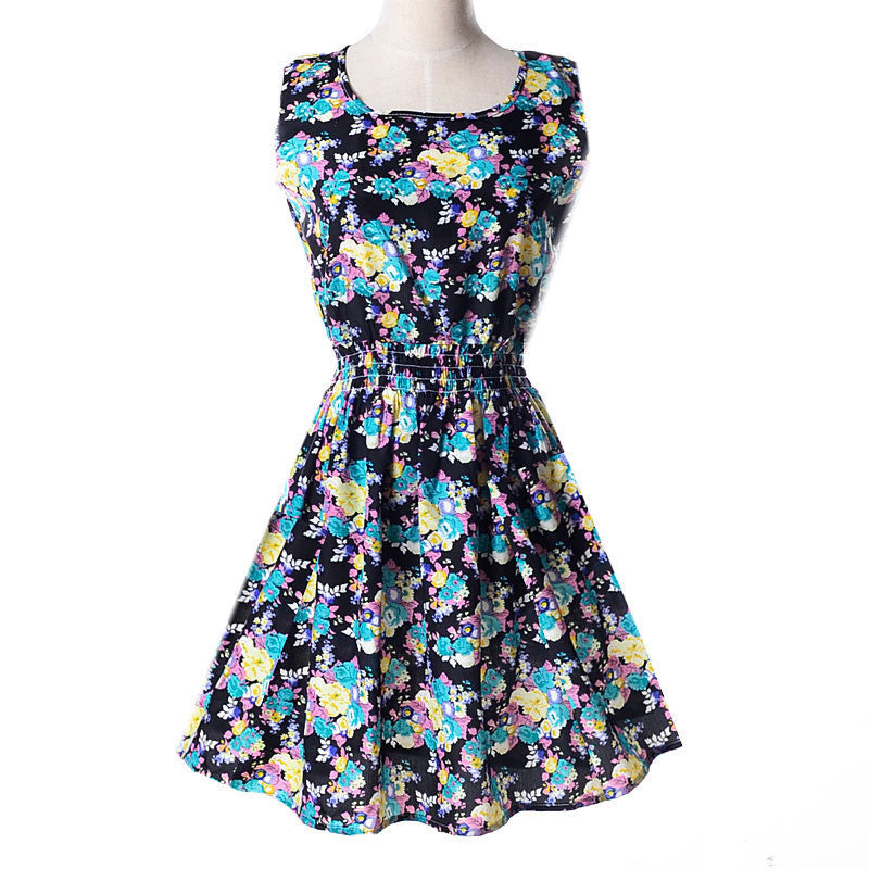 design summer dress Women casual Bohemian dress floral flower sleeveless vest printed beach chiffon top dress S092-Dollar Bargains Online Shopping Australia