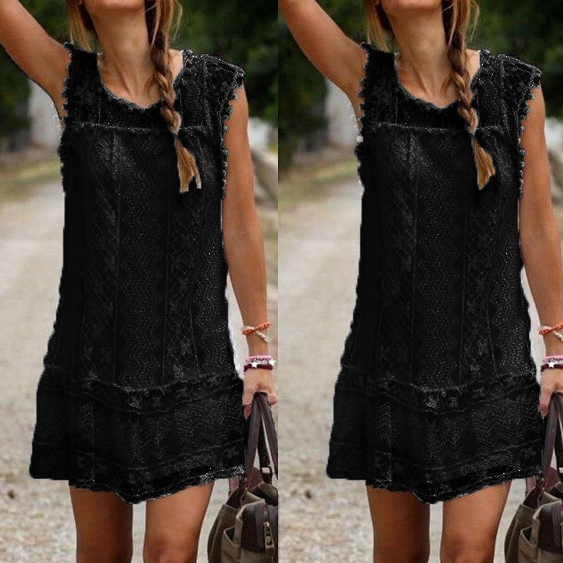 Fashion Summer Dress Casual Solid Sleeveless O-Neck Plus Size Loose Beach Lace Party Women Dresses Sexy Mini Vestidos-Dollar Bargains Online Shopping Australia