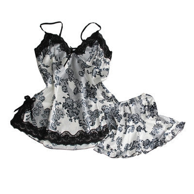 Sexy Pajamas Women Silk Lace Floral Braded Robe Sleepwear Lingerie Nightdress Babydoll Pajamas Set V-Neck + Pyjama Trousers-Dollar Bargains Online Shopping Australia