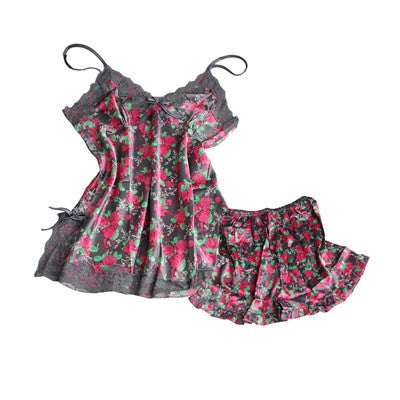 Sexy Pajamas Women Silk Lace Floral Braded Robe Sleepwear Lingerie Nightdress Babydoll Pajamas Set V-Neck + Pyjama Trousers-Dollar Bargains Online Shopping Australia