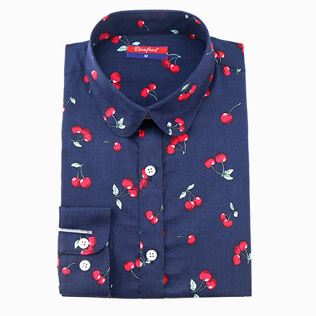 Dioufond Floral Long Sleeve Vintage Blouse Cherry Turn Down Collar Shirt Blusas Feminino Ladies Blouses Womens Tops Fashion-Dollar Bargains Online Shopping Australia