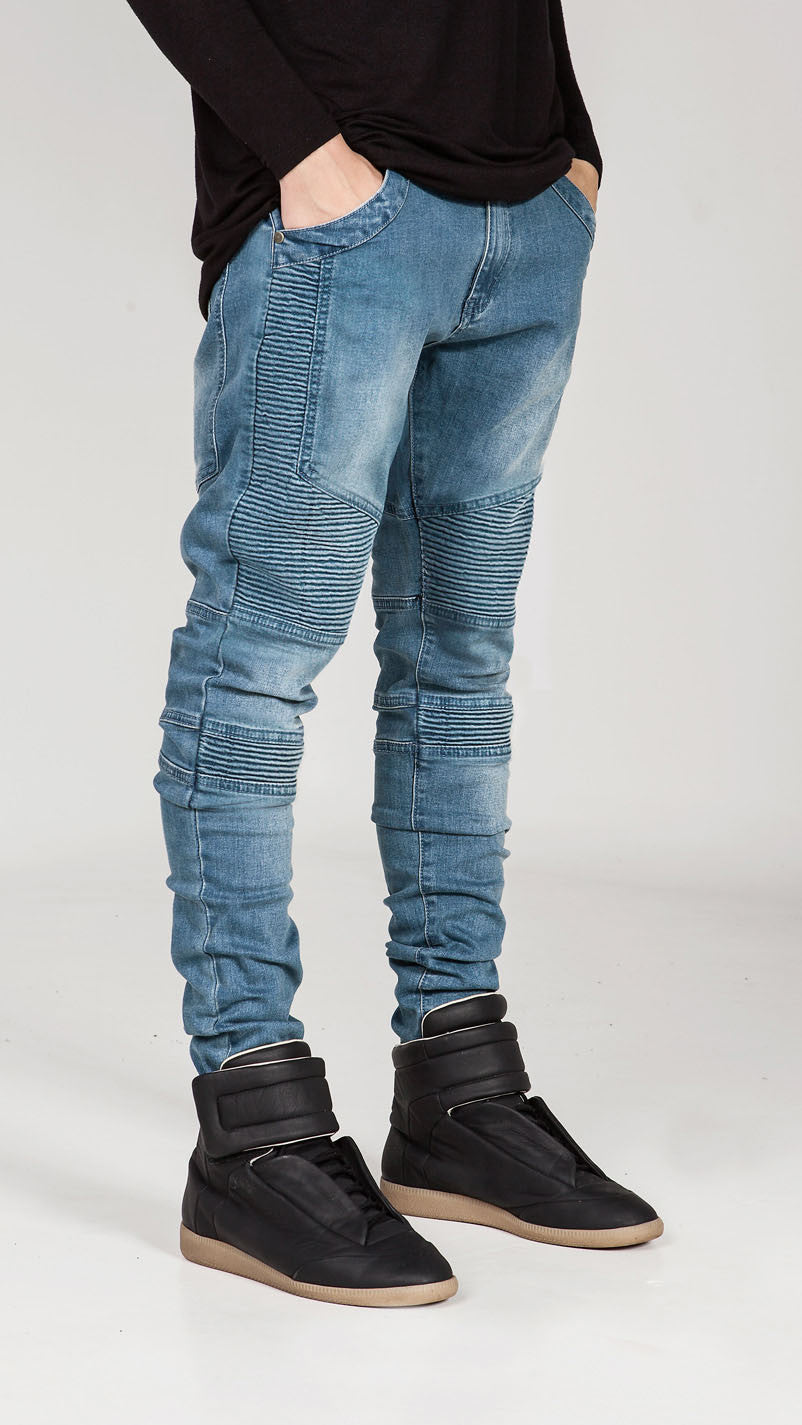 Hi-Street Mens Ripped Rider Biker Jeans Motorcycle Slim Fit Washed Black Grey Blue Moto Denim Pants Joggers For Skinny Men AY724 - CelebritystyleFashion.com.au online clothing shop australia