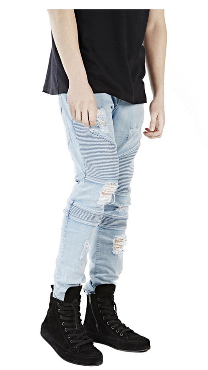 Hi-Street Mens Ripped Rider Biker Jeans Motorcycle Slim Fit Washed Black Grey Blue Moto Denim Pants Joggers For Skinny Men AY724 - CelebritystyleFashion.com.au online clothing shop australia