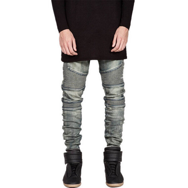 Hi-Street Mens Ripped Rider Biker Jeans Motorcycle Slim Fit Washed Black Grey Blue Moto Denim Pants Joggers For Skinny Men AY724 - CelebritystyleFashion.com.au online clothing shop australia