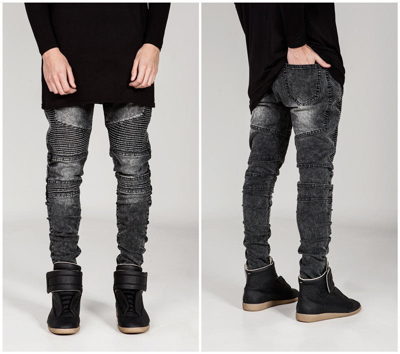 Hi-Street Mens Ripped Rider Biker Jeans Motorcycle Slim Fit Washed Black Grey Blue Moto Denim Pants Joggers For Skinny Men AY724 - CelebritystyleFashion.com.au online clothing shop australia