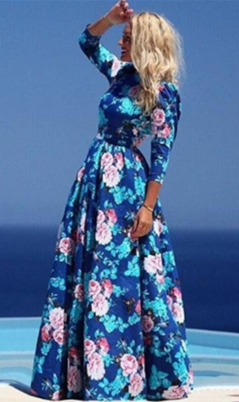 Women Summer Dress Print Long Maxi Dresses Beach Dress Long Sleeve Bohemian Dress-Dollar Bargains Online Shopping Australia