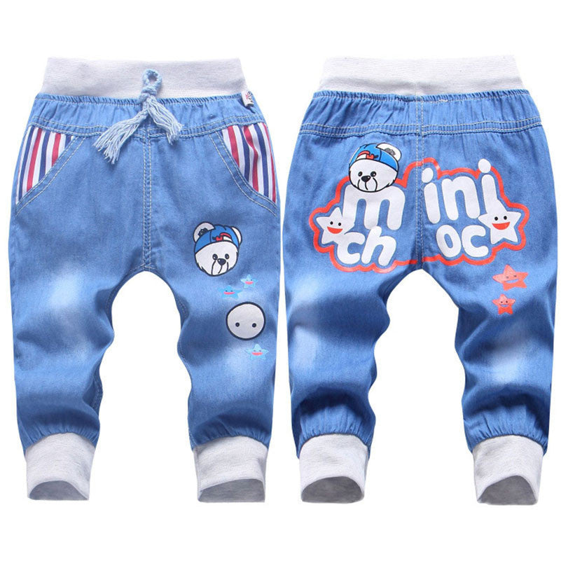 New Kids Jeans Elastic Waist Straight Bear Pattern Denim Seventh Pants Retail Boy Jeans For 2-5 Years WB142 - CelebritystyleFashion.com.au online clothing shop australia