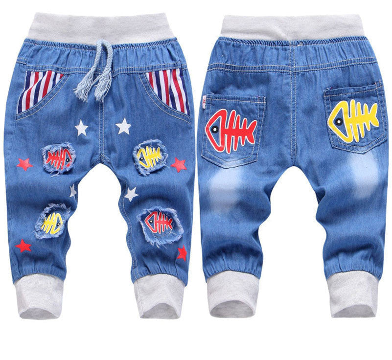 Kids Jeans Elastic Waist Straight Cartoon Jeans Denim Seventh Pants Retail Jeans For Kids 2-5 Y WB141 - CelebritystyleFashion.com.au online clothing shop australia