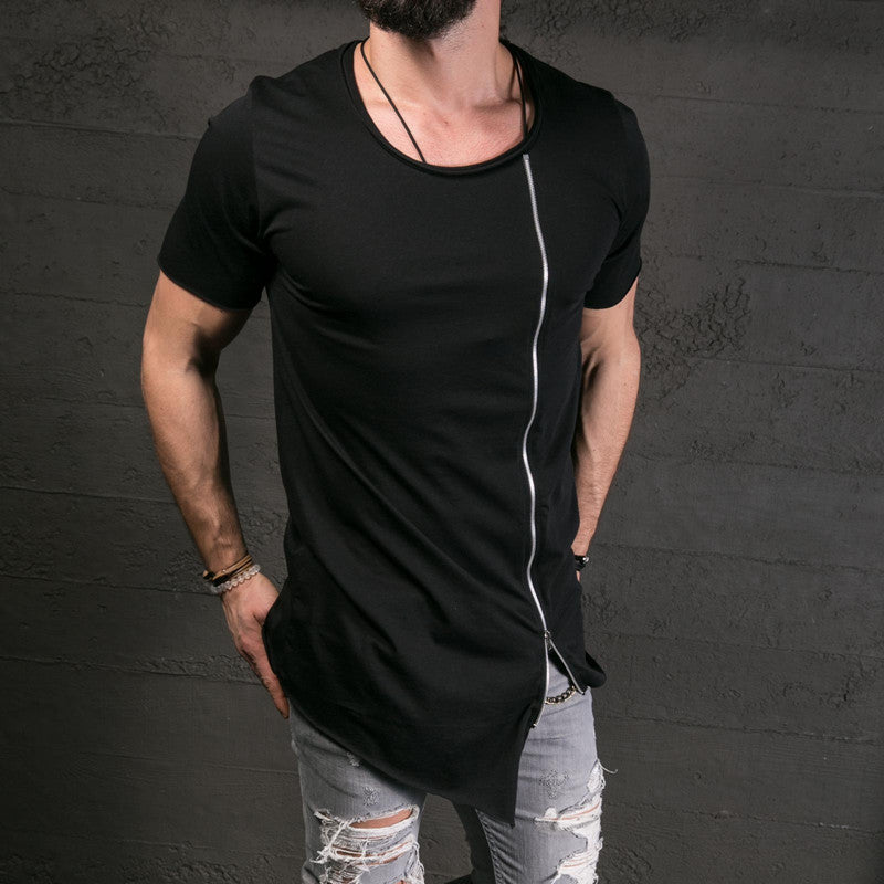 Men's Fashion Show Stylish Long T shirt Asymmetrical Side Zipper Big Neck Short Sleeve T-Shirt Tees - CelebritystyleFashion.com.au online clothing shop australia