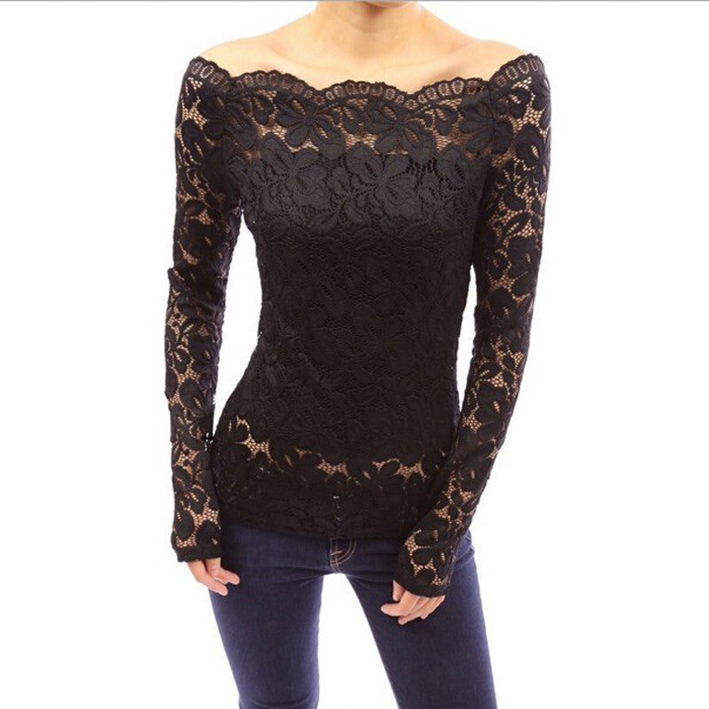 Fashion Autumn Sexy Women Blouses Off Shoulder Lace Crochet Shirts Long Sleeve Casual Tops Blouse Plus Size-Dollar Bargains Online Shopping Australia