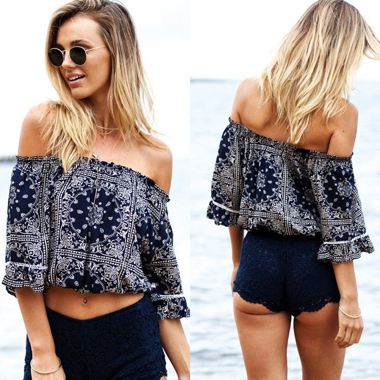 Women Blouse Shirt Sexy Strapless Off Shoulder Medium Sleeve Elastic Print Feminine Femininas Ruffle Top Clothing Clothes-Dollar Bargains Online Shopping Australia