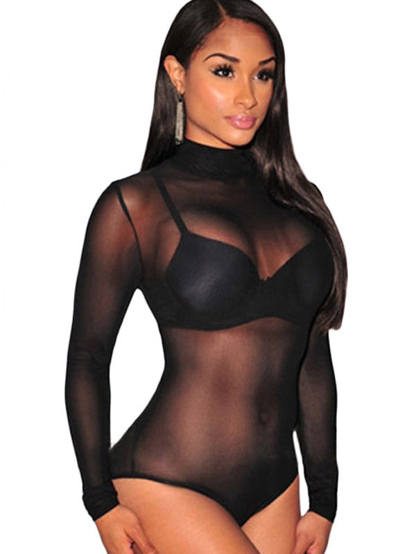 Nude Transparent Sexy Bodysuit Women Rompers Bodycon Jumpsuit Long Sleeve Mesh Bodysuit Sheer See Through Turtleneck Bodysuits-Dollar Bargains Online Shopping Australia