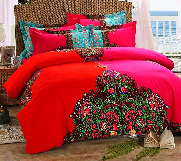 Boho Red Blue Pink 100%Thicken Cotton Bedding set Duvet Cover Bed Sheet Pillow Sham Bed Set King Queen Size 4PCS-Dollar Bargains Online Shopping Australia