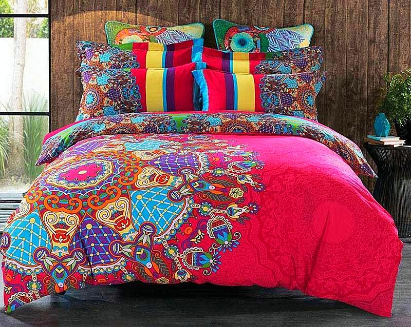 Boho Red Blue Pink 100%Thicken Cotton Bedding set Duvet Cover Bed Sheet Pillow Sham Bed Set King Queen Size 4PCS-Dollar Bargains Online Shopping Australia