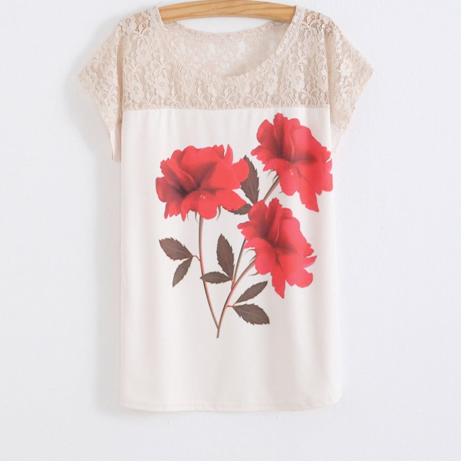 Summer Batwing Sleeve Shirt Women 3D Floral Printed Blouses Female Lace Patchwork Perspective Ladies Blouse-Dollar Bargains Online Shopping Australia