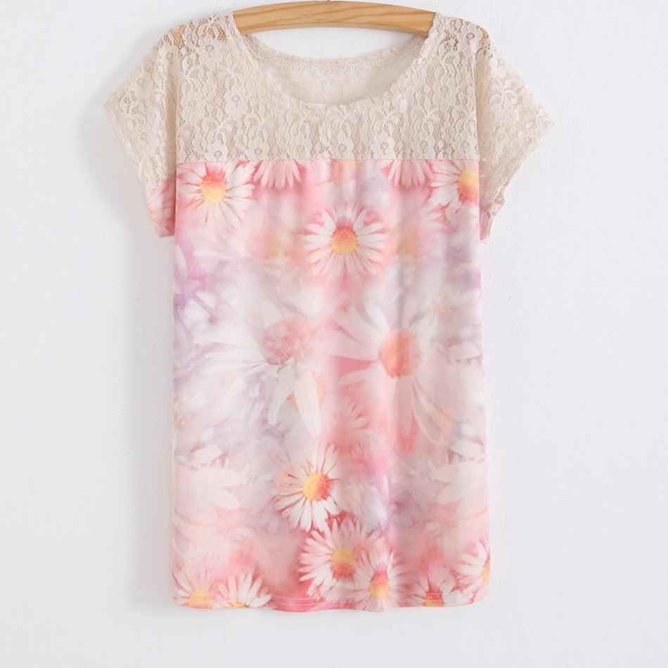 Summer Batwing Sleeve Shirt Women 3D Floral Printed Blouses Female Lace Patchwork Perspective Ladies Blouse-Dollar Bargains Online Shopping Australia