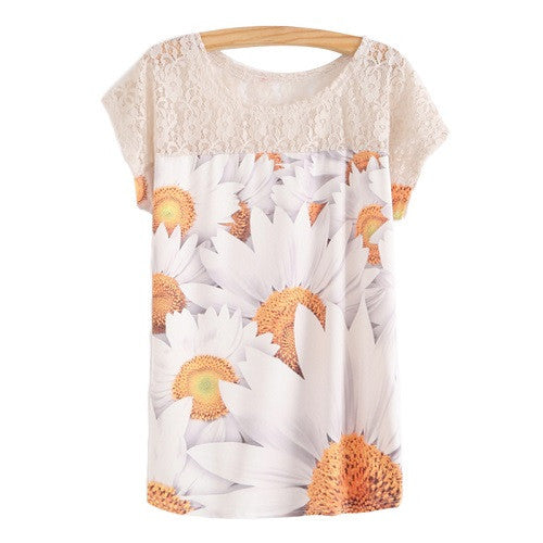 Summer Batwing Sleeve Shirt Women 3D Floral Printed Blouses Female Lace Patchwork Perspective Ladies Blouse-Dollar Bargains Online Shopping Australia