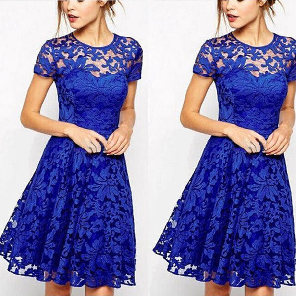 Women Floral Lace Dresses Short Sleeve Party Casual Color Blue Red Black Mini Dress-Dollar Bargains Online Shopping Australia