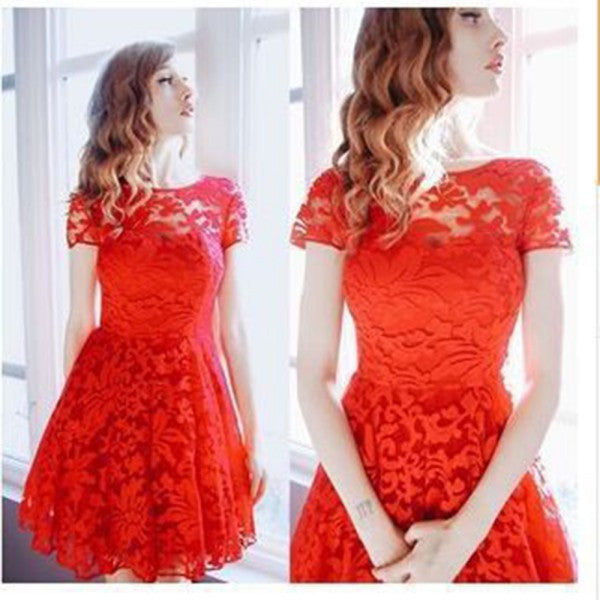 Women Floral Lace Dresses Short Sleeve Party Casual Color Blue Red Black Mini Dress-Dollar Bargains Online Shopping Australia