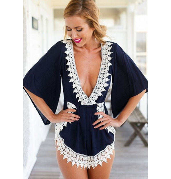 Summer Women Casual Loose Lace Floral V-neck Jumpsuits Rompers Short Pants Elegant Jumpsuit-Dollar Bargains Online Shopping Australia